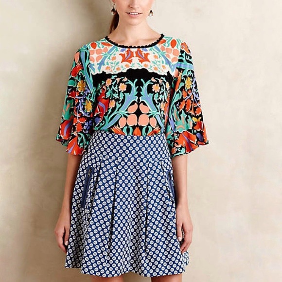 Anthropologie Maeve blue white print high rise fourth street swing pleated skirt - Picture 2 of 7